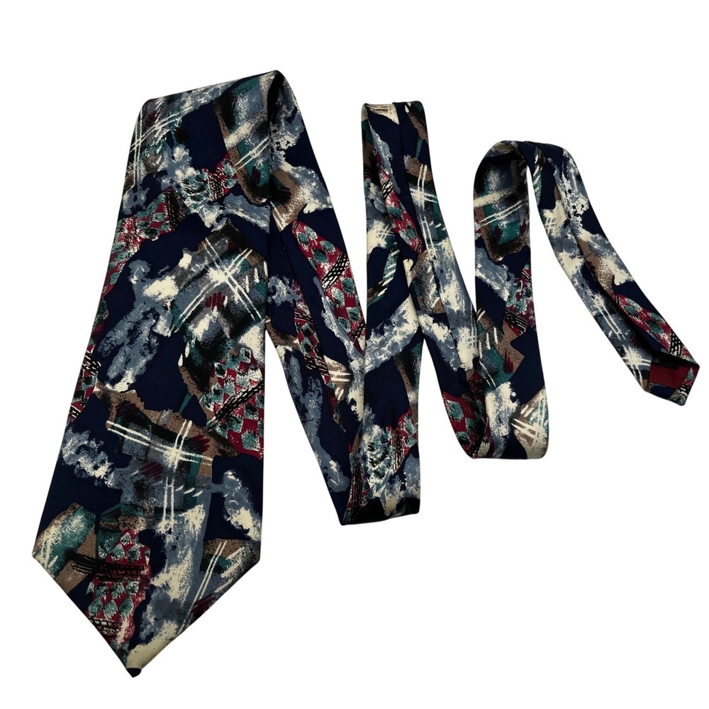 Zylos George Machado Mens Abstract Silk Tie Navy Blue‎ Teal Burgundy Italy 90s